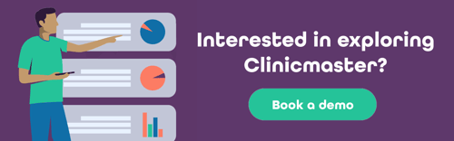 An advertisement for clinicmaster shows a man pointing at a pie chart